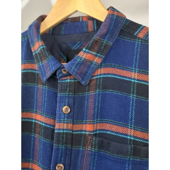 Prana Channing Plaid Flannel Shirt Men XL Blue Orange Heavyweight Organic Cotton - Picture 3 of 15